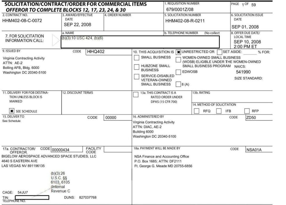 Formulário governamental com campos preenchidos: número do contrato, data de 22 de setembro de 2008 e nome Bigelow Aerospace Advanced Space Studies.