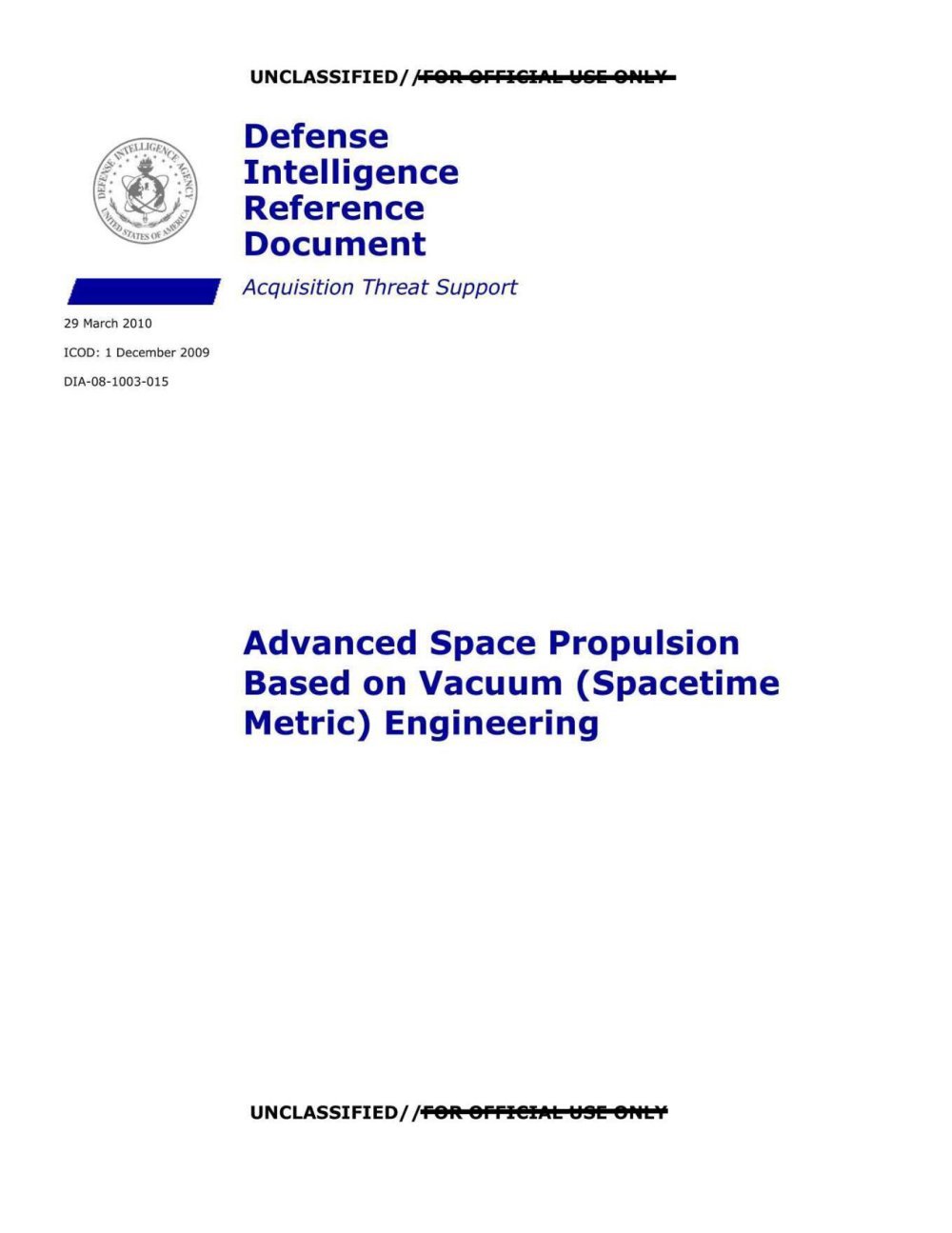 Capa com selo da DIA, a indicação Defense Intelligence Reference Document e o título do relatório sobre engenharia da métrica.