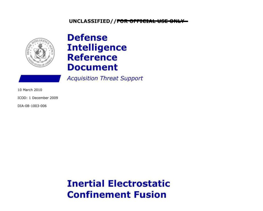 Capa com o selo da Agência de Inteligência de Defesa, o título Defense Intelligence Reference Document e o título do relatório sobre fusão por confinamento eletrostático inercial.