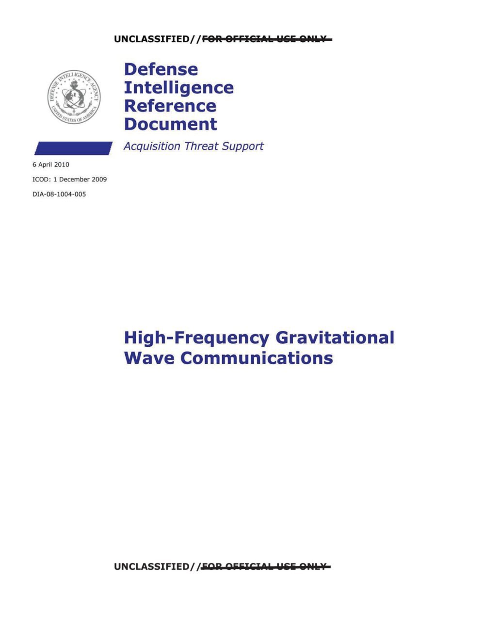 Capa com selo da DIA e o título sobre comunicações por ondas gravitacionais de alta frequência.