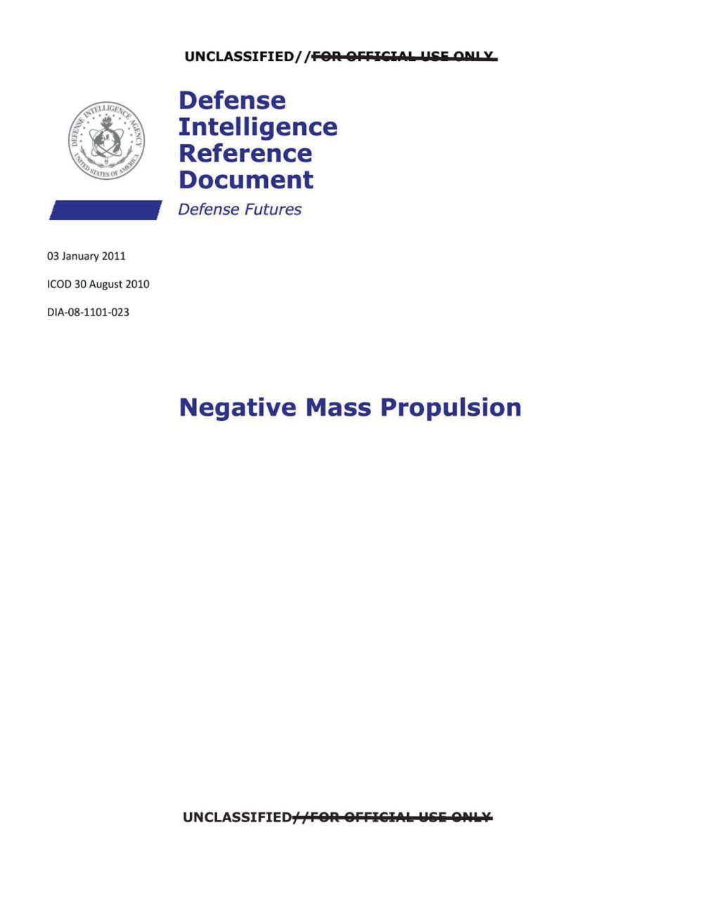 Capa com selo da DIA, a indicação Defense Futures e o título Negative Mass Propulsion.