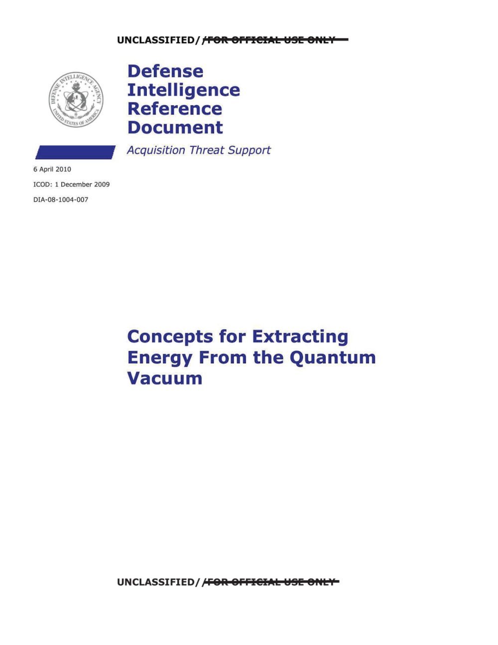 Capa com selo da DIA e o título do relatório sobre extração de energia do vácuo quântico.