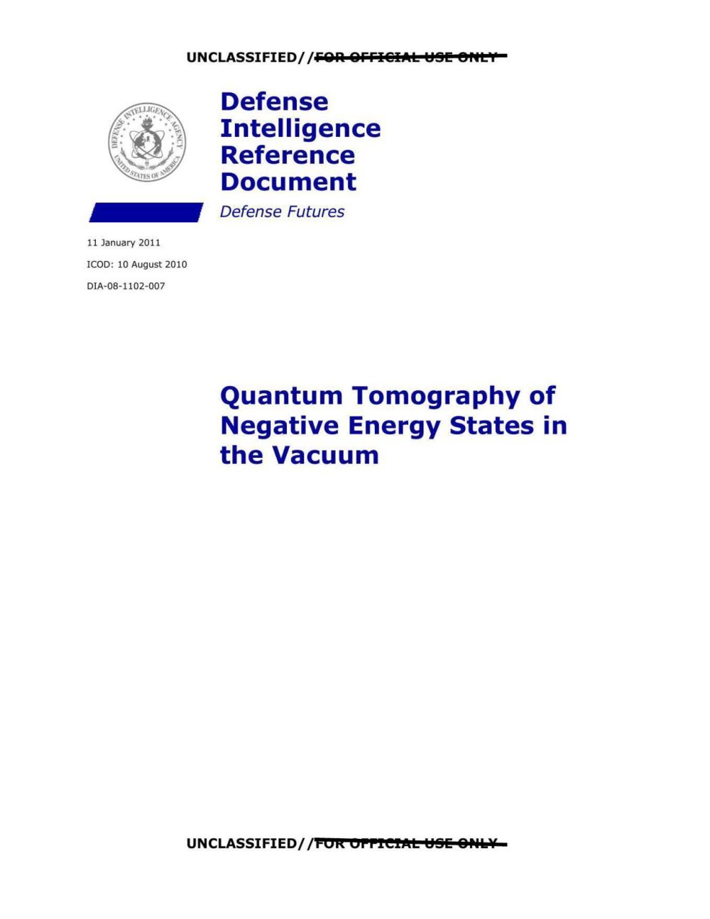 Capa com selo da DIA, a indicação Defense Futures e o título sobre tomografia quântica de estados de energia negativa.