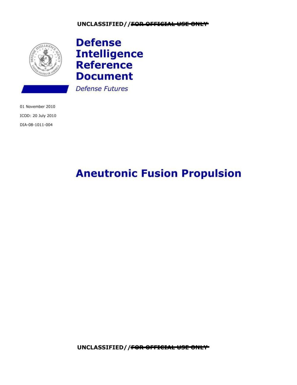 Capa com selo da DIA, a indicação Defense Futures e o título Aneutronic Fusion Propulsion.