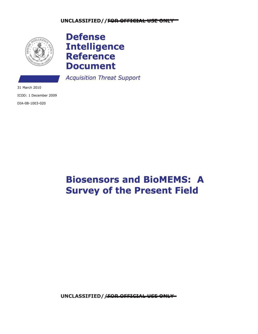 Capa com selo da DIA e o título Biosensors and BioMEMS: A Survey of the Present Field.