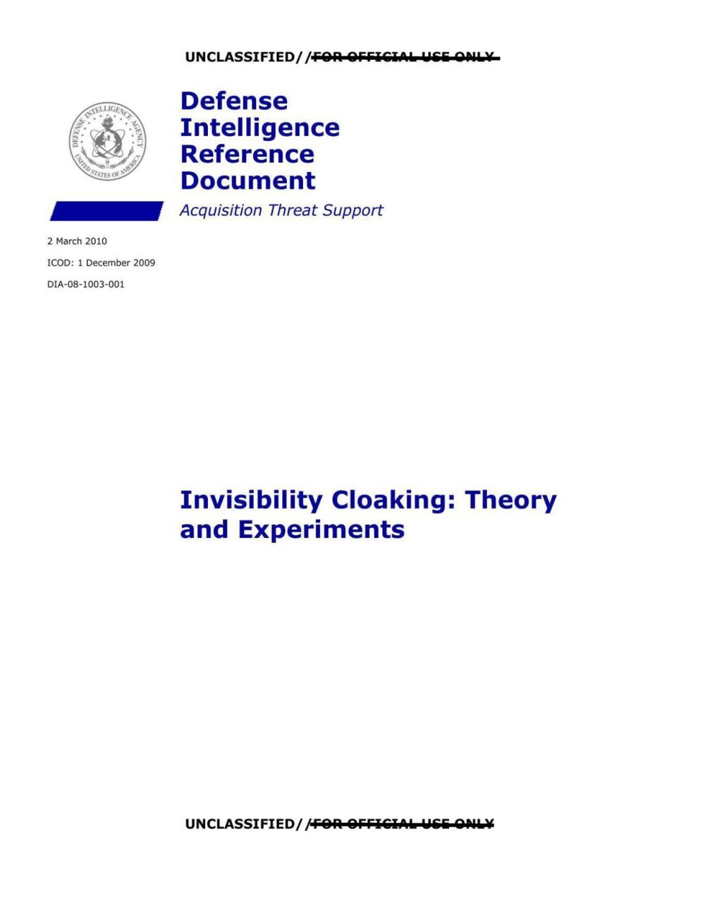 Capa com selo da DIA e o título Invisibility Cloaking: Theory and Experiments.