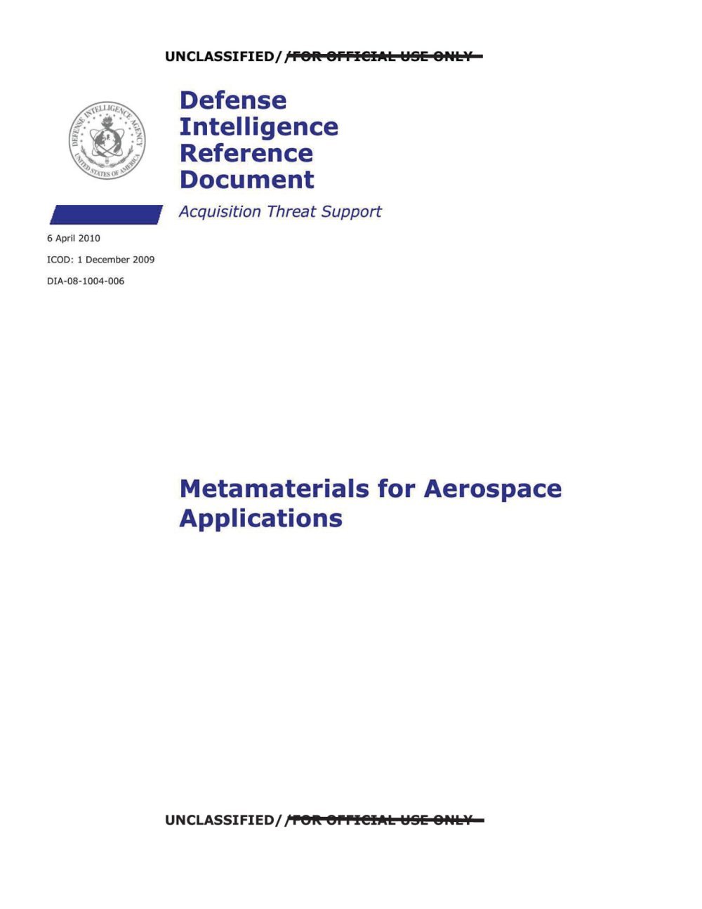 Capa com selo da DIA e o título Metamaterials for Aerospace Applications.