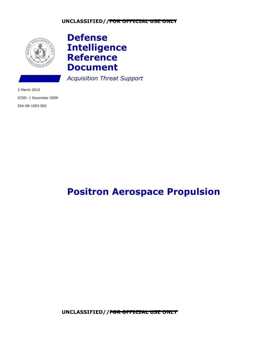 Capa com selo da DIA e o título Positron Aerospace Propulsion.