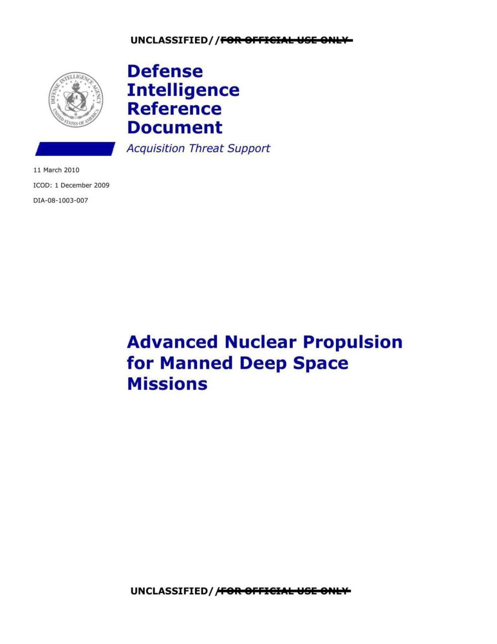 Capa com selo da DIA e o título sobre propulsão nuclear avançada para missões tripuladas ao espaço profundo.