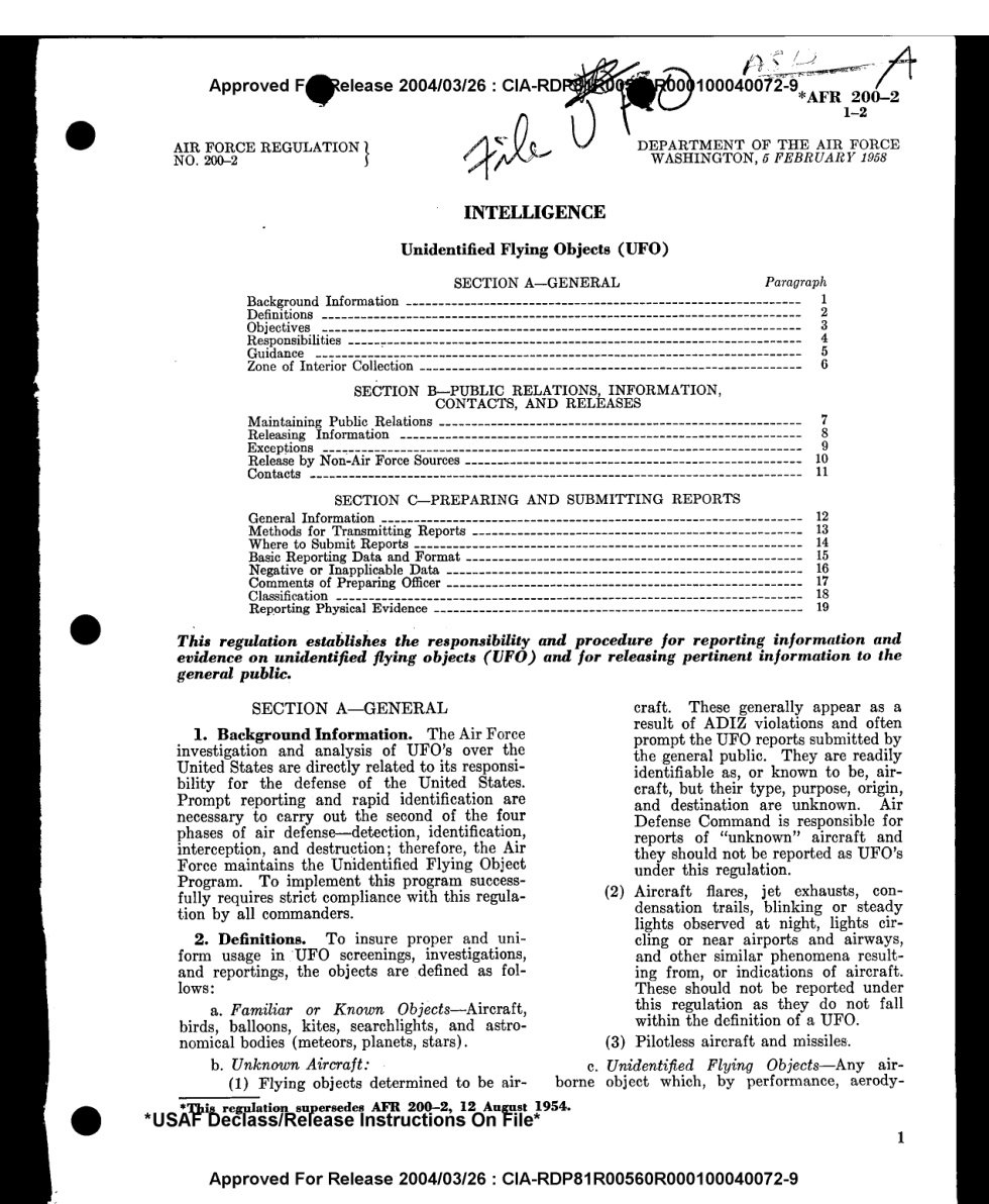 Página datilografada do regulamento AFR 200-2 com índice, carimbo de liberação e anotação manuscrita