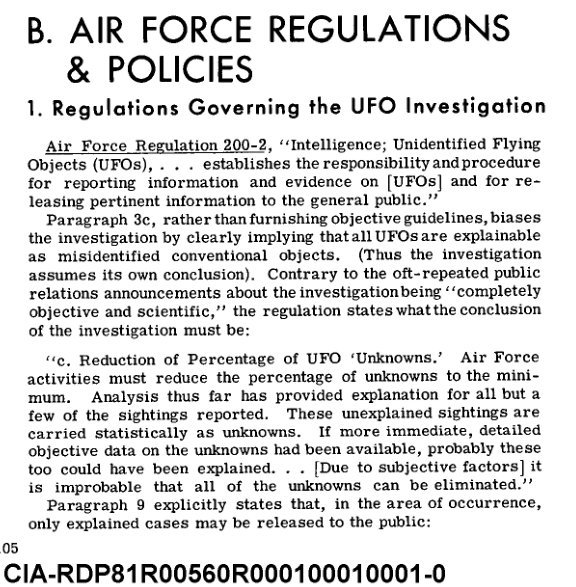 Coluna de texto impresso com o título B. Air Force Regulations & Policies e o subtítulo 1. Regulations Governing the UFO Investigation.
