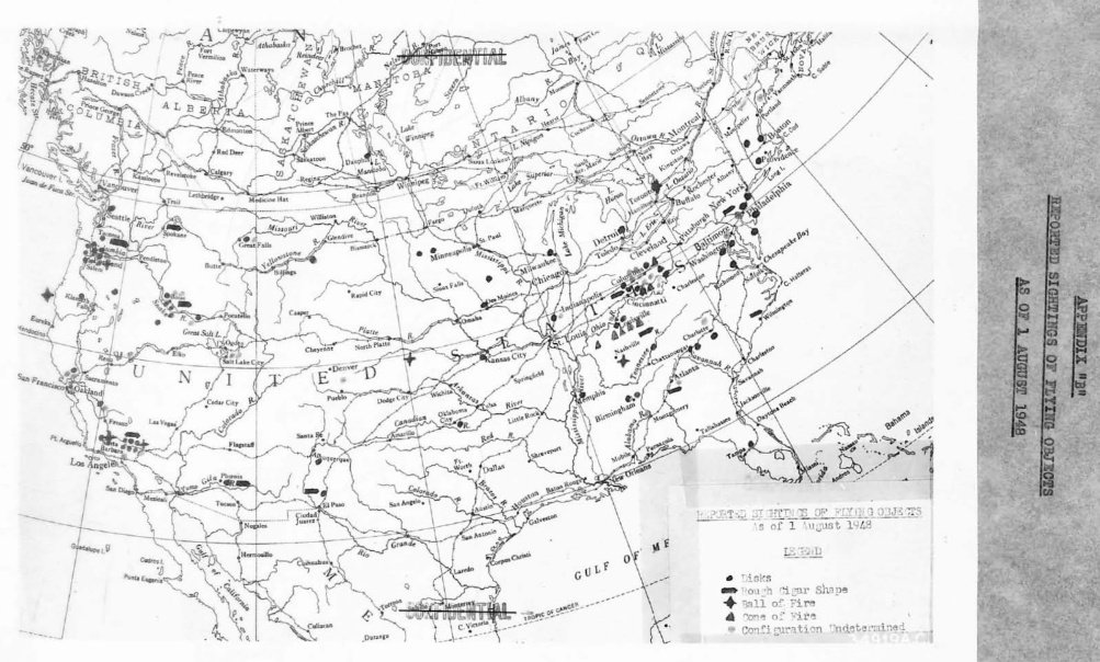 Mapa antigo dos Estados Unidos e do sul do Canadá com pequenos símbolos pretos agrupados no Oregon, na Califórnia, em Ohio, no Kentucky e na costa leste, e uma legenda no canto inferior direito.
