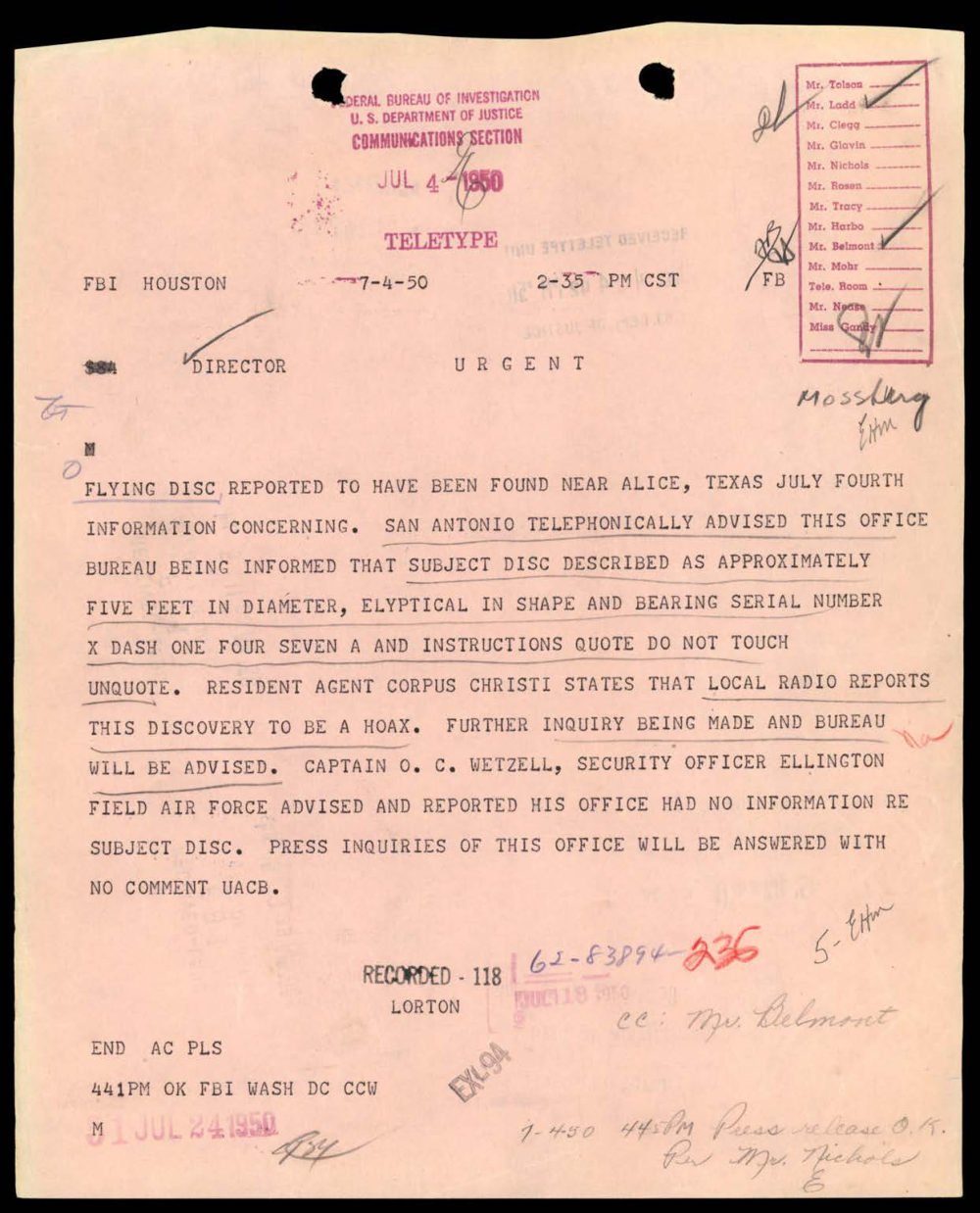 Teletipo do FBI de Houston de 4 de julho de 1950.