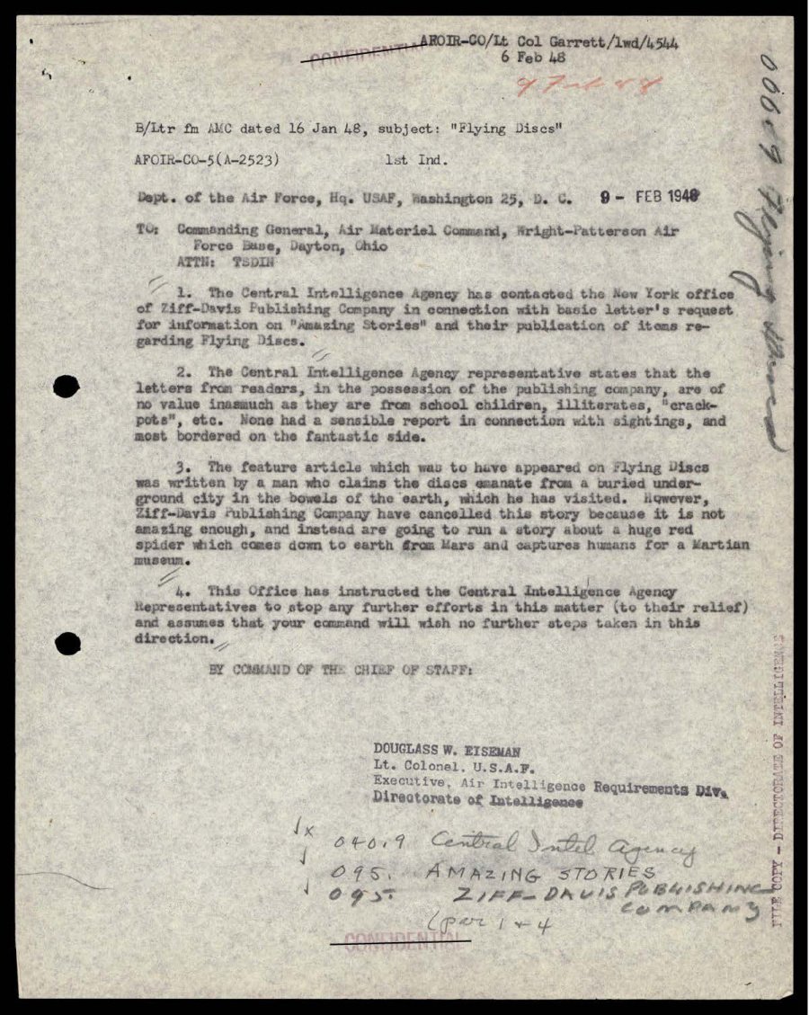 Página datilografada com carimbo 9 FEB 1948, quatro parágrafos e códigos de arquivo manuscritos.