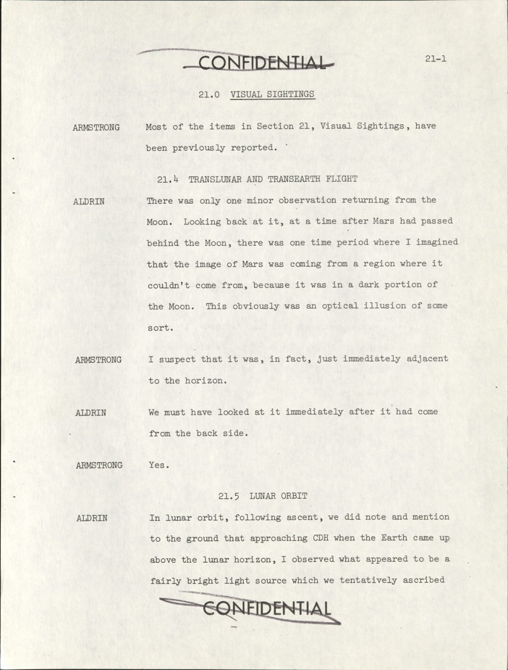 Página datilografada do debriefing, seção 21, com diálogo entre Armstrong e Aldrin.