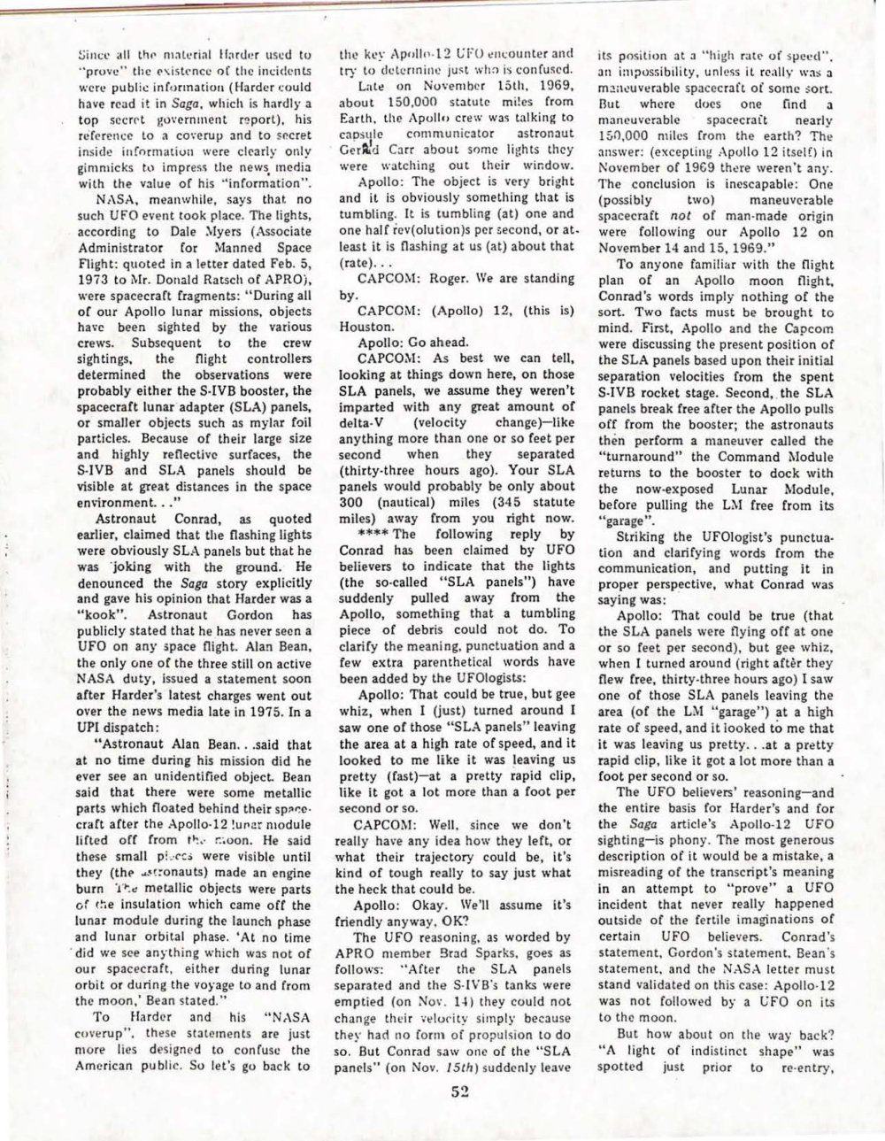 Página de revista em três colunas de texto, com trechos de transcrição.