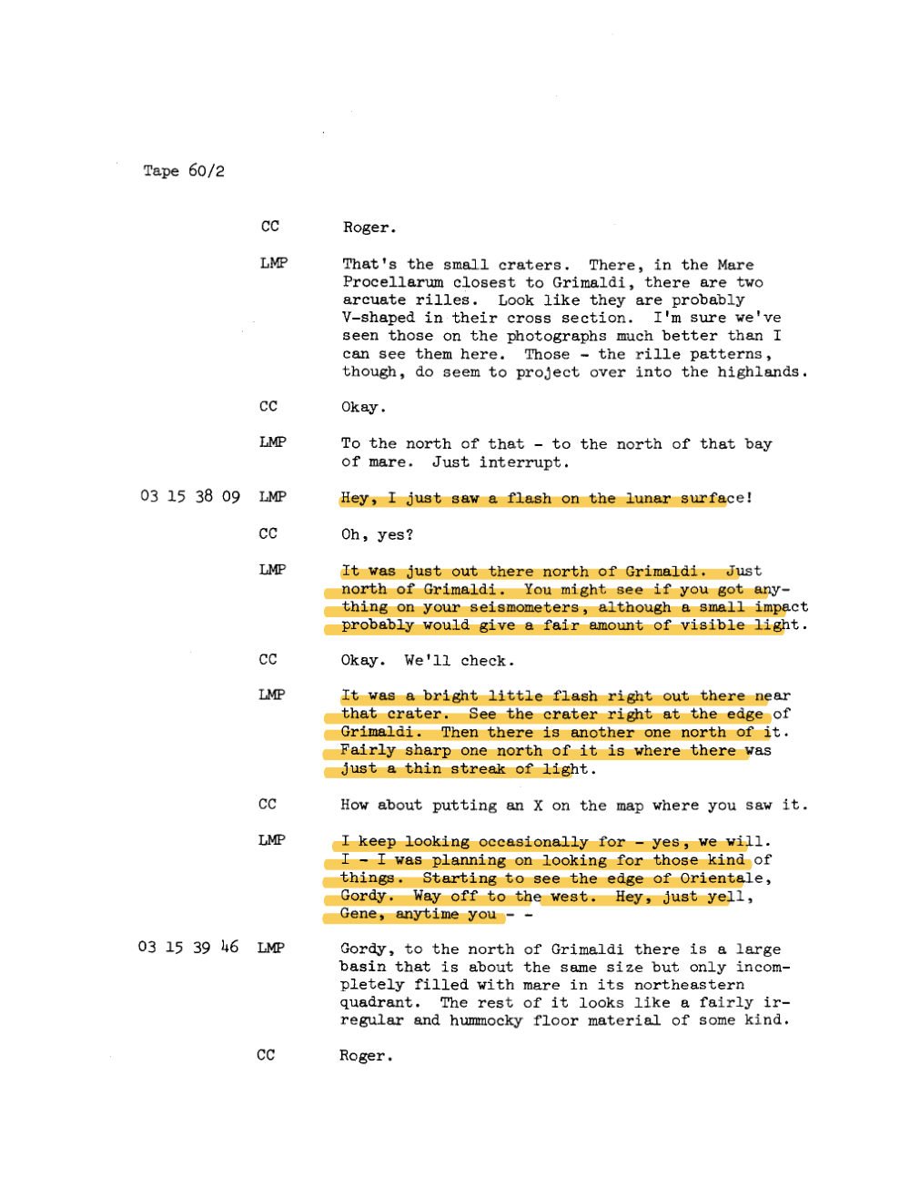 Transcrição da fita 60/2 com o relato do clarão lunar.