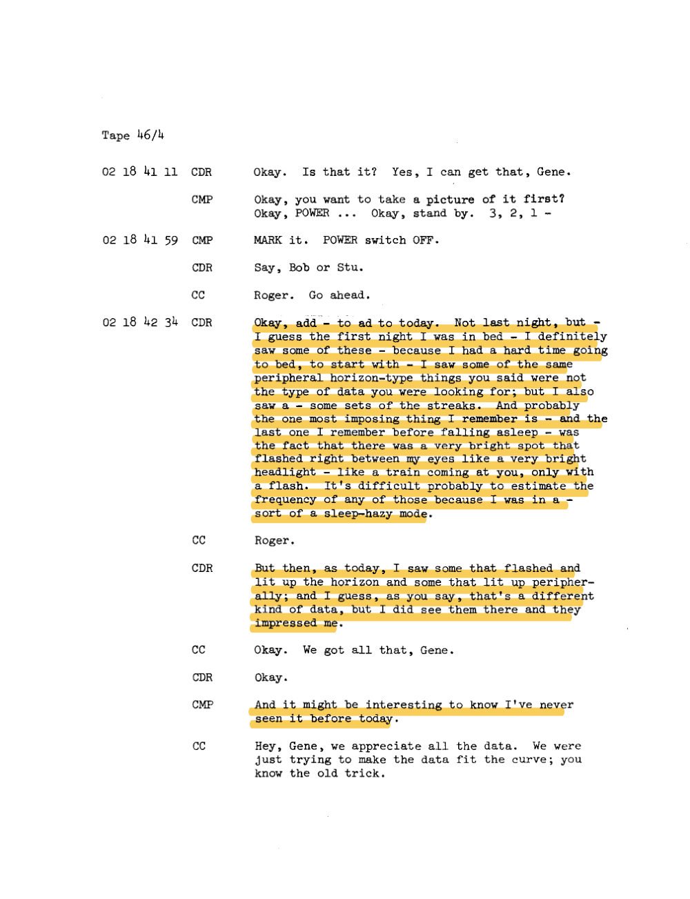 Transcrição da fita 46/4 com a descrição dos clarões.