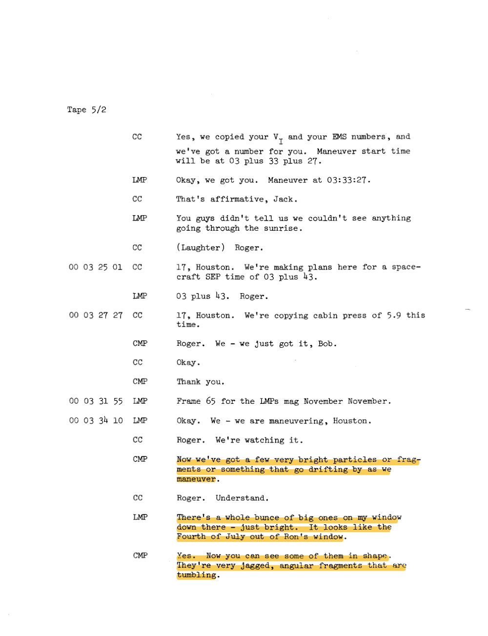Transcrição com os trechos sobre fragmentos brilhantes destacados em amarelo.