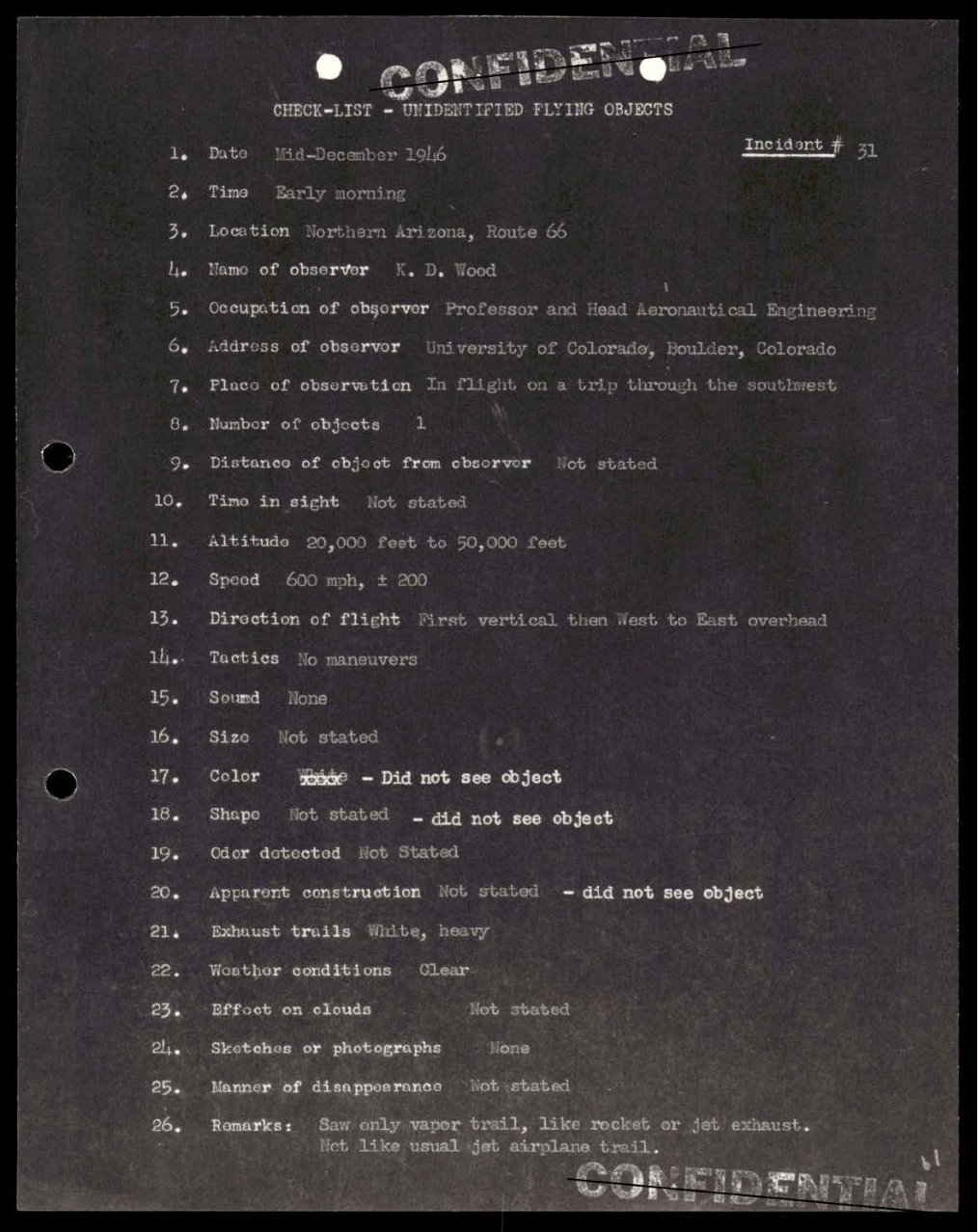Formulário datilografado com o título Check-list - Unidentified Flying Objects, Incident 31, e 26 itens numerados, de Date: Mid-December 1946 a Remarks: Saw only vapor trail, like rocket or jet exhaust.