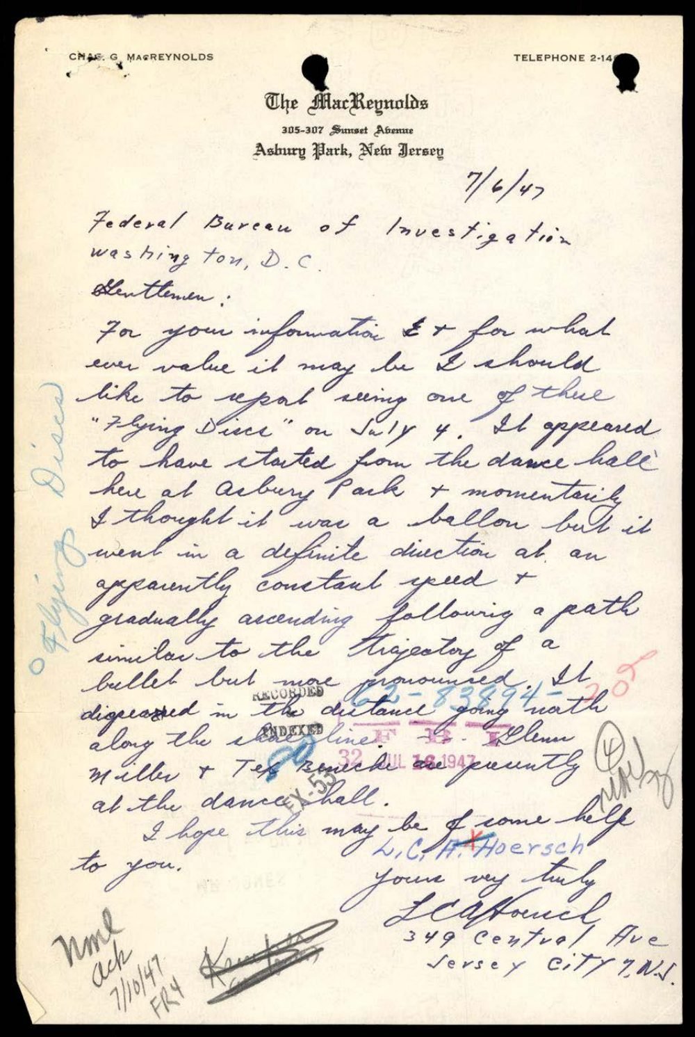 Carta em papel timbrado The MacReynolds, Asbury Park, com carimbos de registro do FBI.
