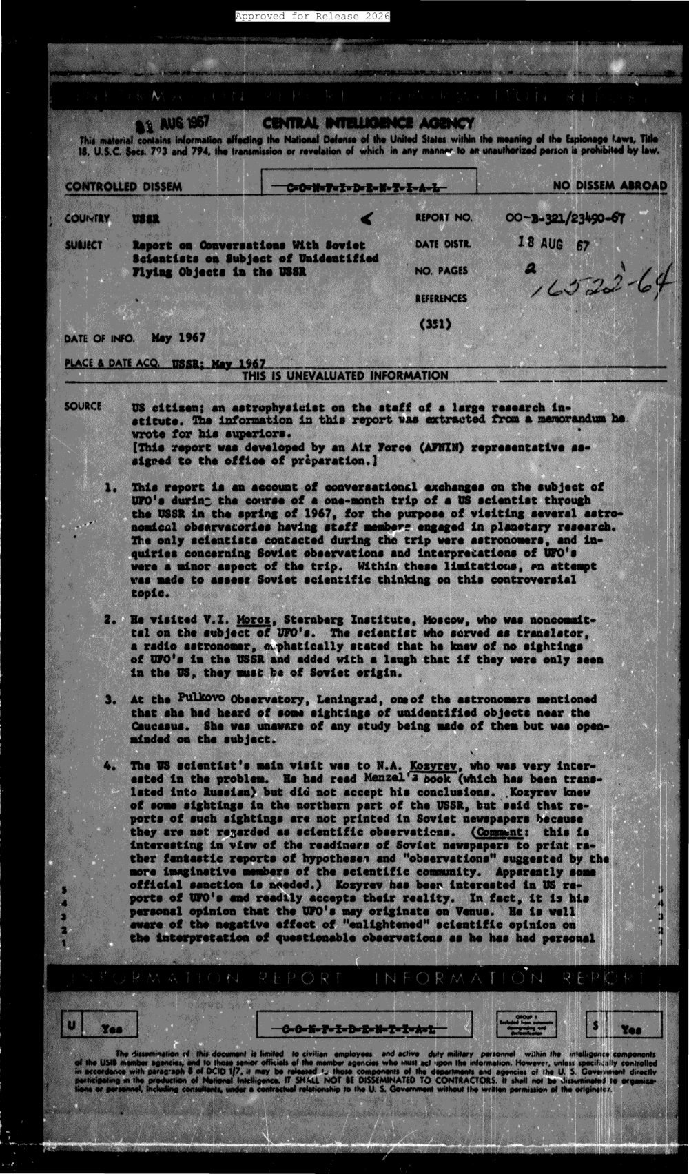 Primeira página do relatório da CIA sobre conversas com astrônomos soviéticos sobre UFOs