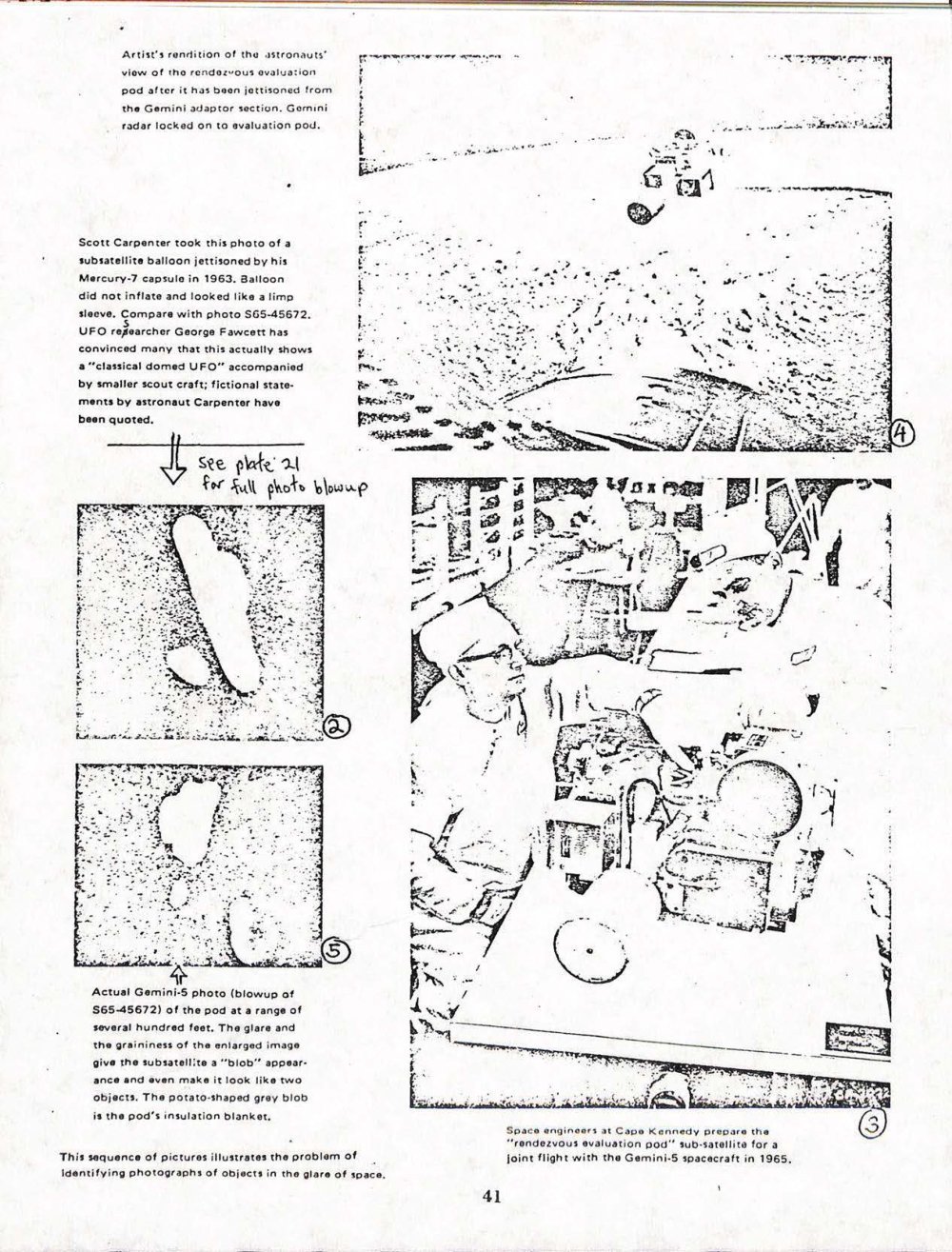 Página de revista com várias fotos e um desenho, legendas e anotações à mão.