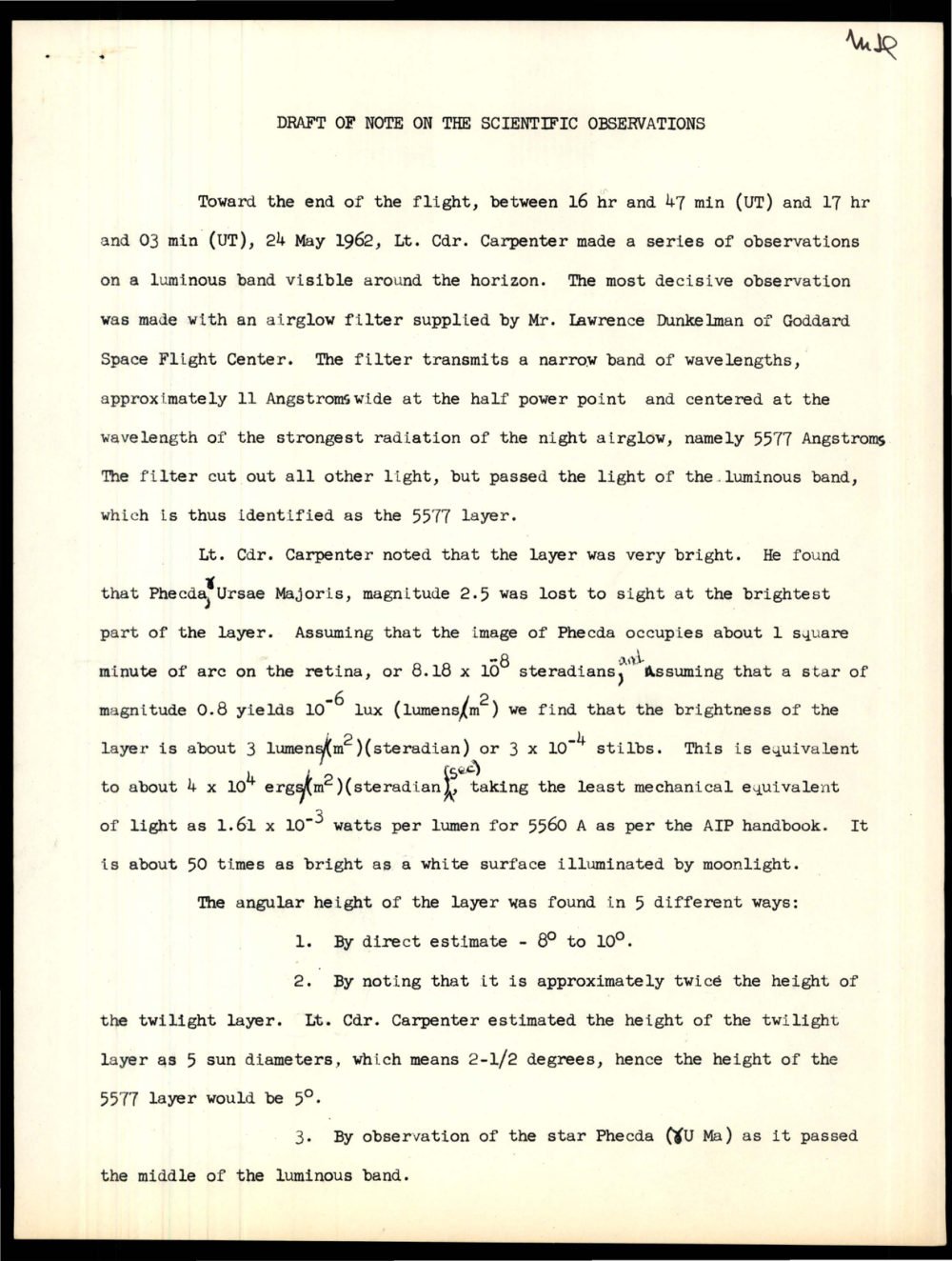 Página datilografada do rascunho de nota da NASA sobre as observações científicas de Carpenter.
