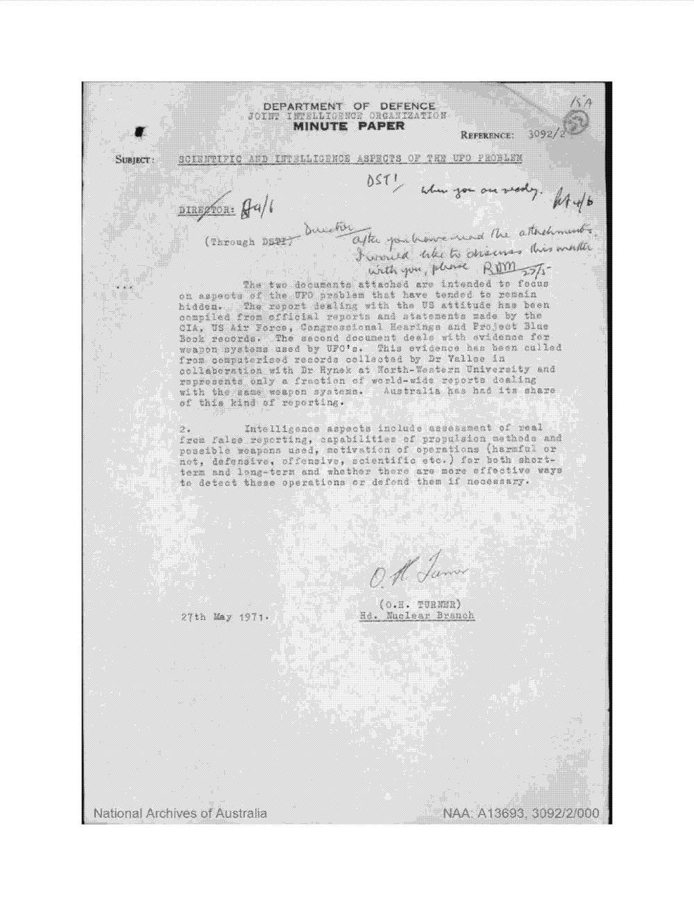 Minuta do Departamento de Defesa da Austrália de 27/05/1971 que encaminha o estudo sobre UFOs