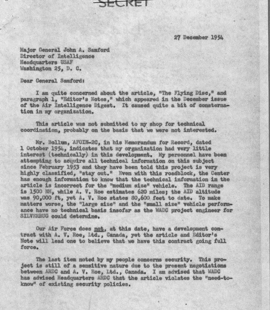 Carta datilografada com carimbo SECRET riscado, datada de 27 de dezembro de 1954, ao Major General John A. Samford.