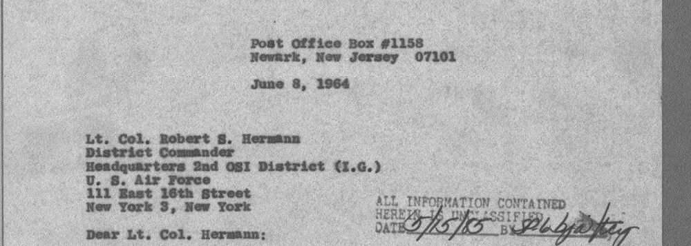 Cabeçalho da carta do FBI de Newark ao OSI, 08/06/1964
