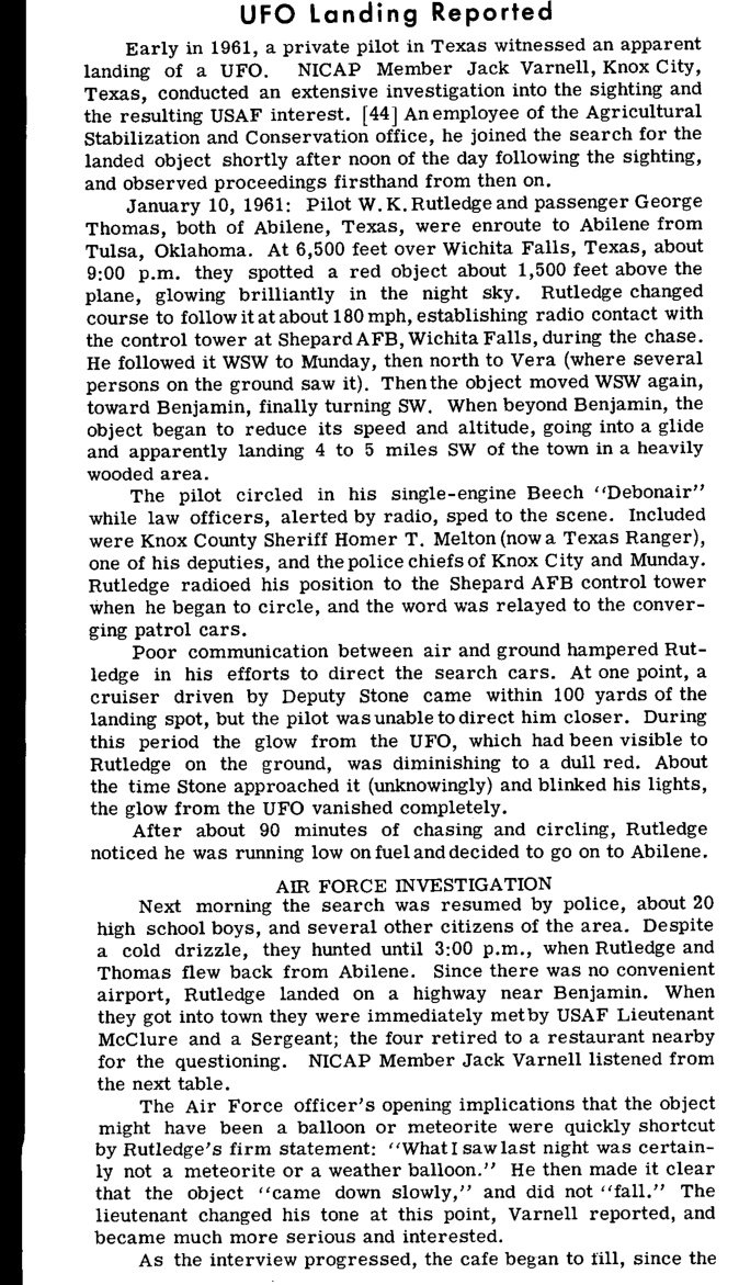 Coluna de texto impresso em inglês com o título UFO Landing Reported e o subtítulo Air Force Investigation.