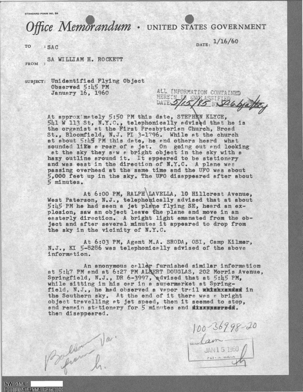 Memorando do FBI de 16/01/1960 com relatos de um objeto parado sobre Bloomfield