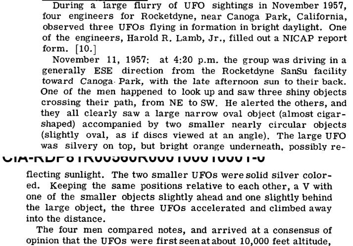 Recorte de colunas impressas com o título Rocketdyne Engineers e o relato de 11 de novembro de 1957.