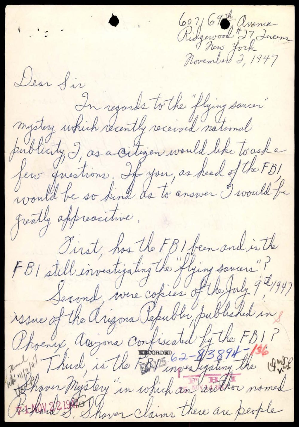 Carta manuscrita datada de 2 de novembro de 1947, com as primeiras perguntas ao FBI.