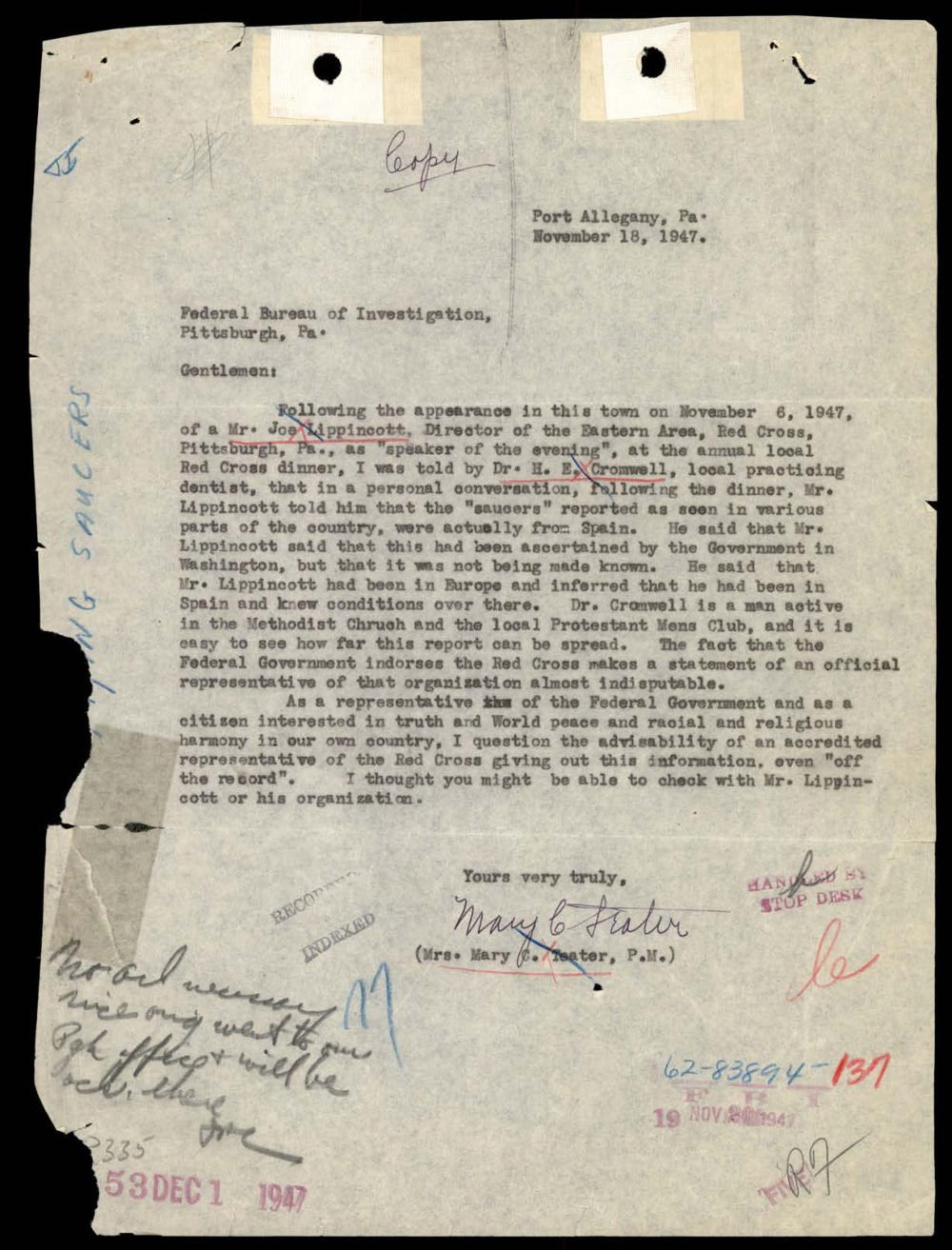Carta datilografada de 18 de novembro de 1947 com carimbos e anotações manuscritas do FBI.