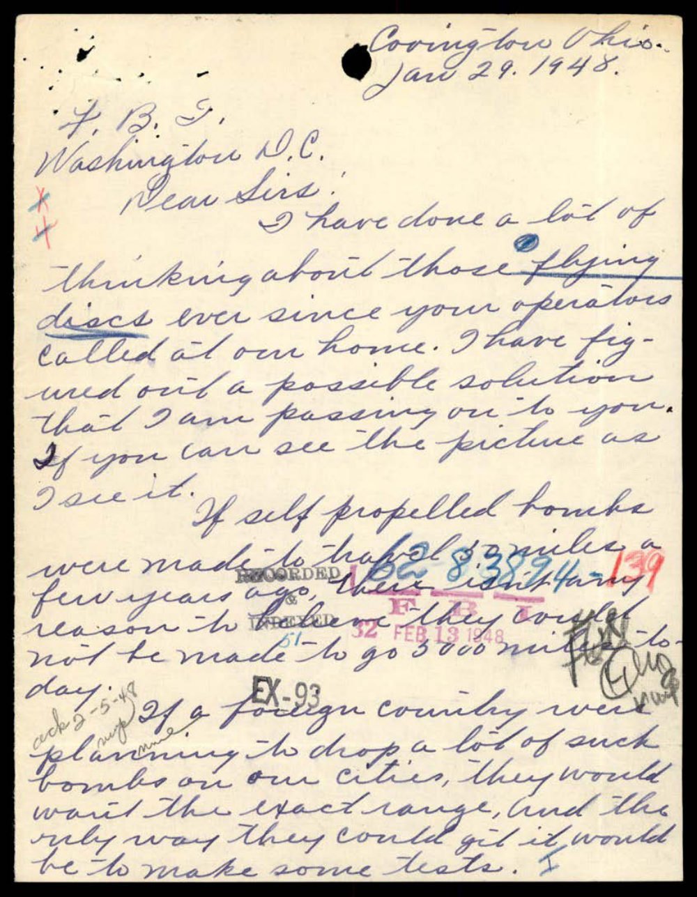 Carta manuscrita a tinta com data de 29 de janeiro de 1948 e carimbos do FBI.
