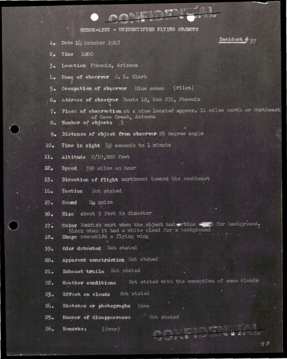 Ficha datilografada do incidente 37, Cave Creek, Arizona, 1947