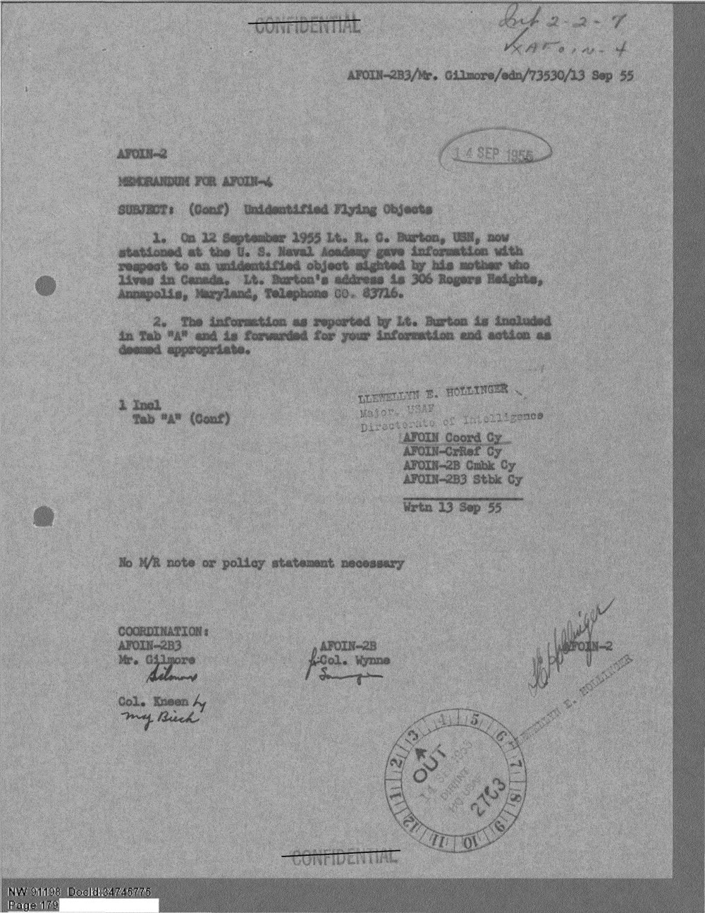 Memorando datilografado da Força Aérea encaminhando o relato de Edith B. Burton, de Chase, Colúmbia Britânica