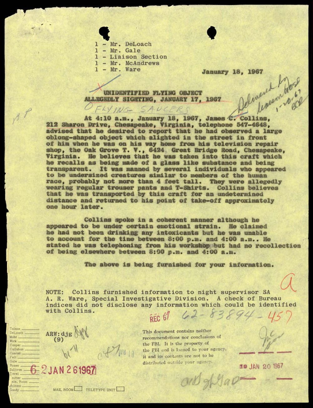 Memorando do FBI de 1967 sobre o relato de Chesapeake