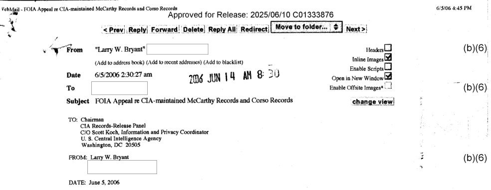 Topo da mesma impressão de e-mail, com o nome Larry W. Bryant visível, caixas brancas sobre os endereços e três marcas (b)(6) na margem.