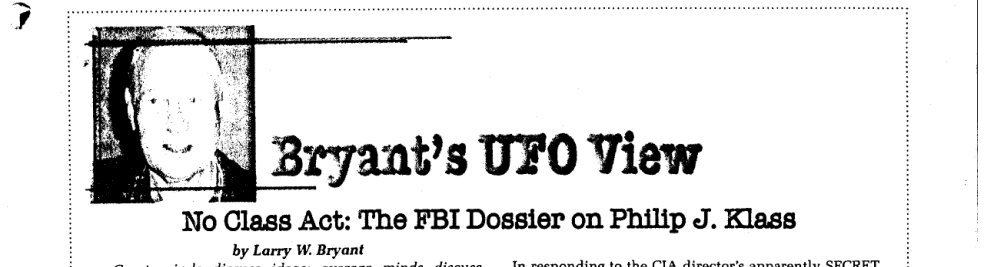 Cabeçalho de coluna de revista com foto de um homem de cabelos claros, o título Bryant's UFO View e o subtítulo sobre o dossiê do FBI de Philip J. Klass.
