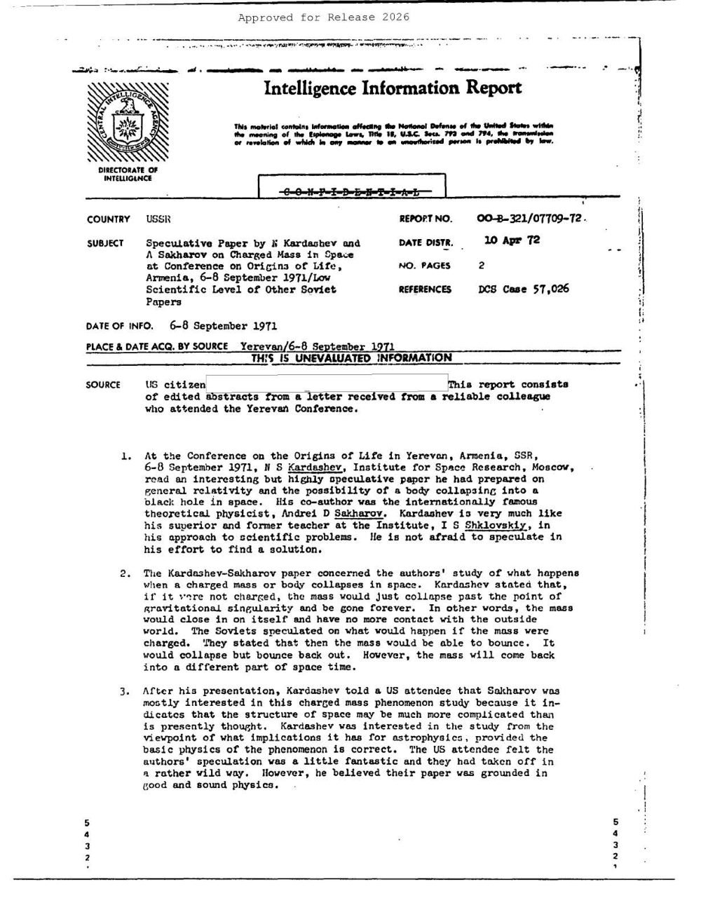 Primeira página do relatório da CIA sobre a conferência de Erevan de 1971