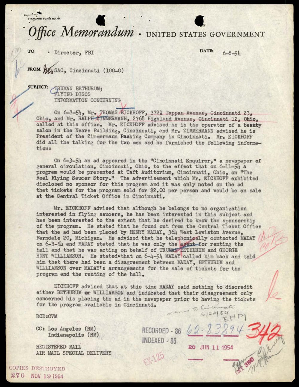 Carta datilografada do FBI com anotações coloridas e carimbos de arquivo.