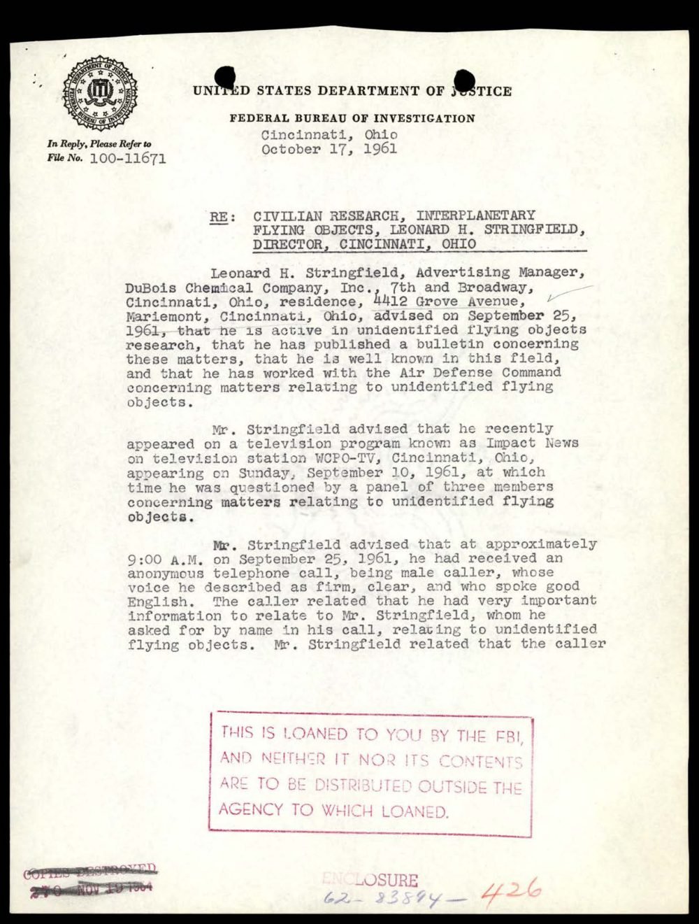 Primeira página do memorando timbrado, que abre com a apresentação de Stringfield e o telefonema da manhã de 25/09/1961.