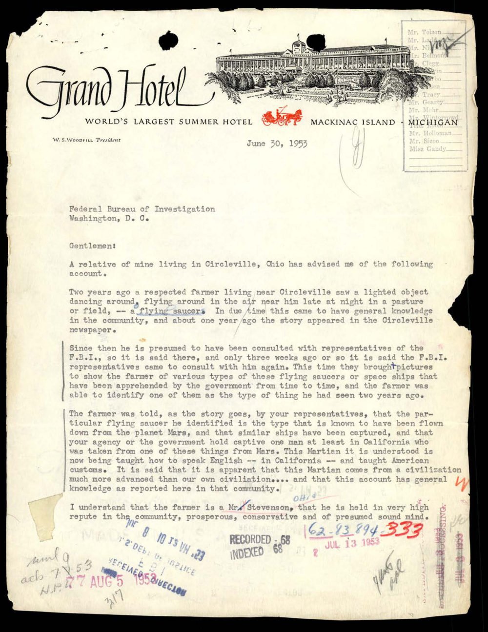 Carta timbrada do Grand Hotel ao FBI, 30 de junho de 1953, com carimbos de registro.