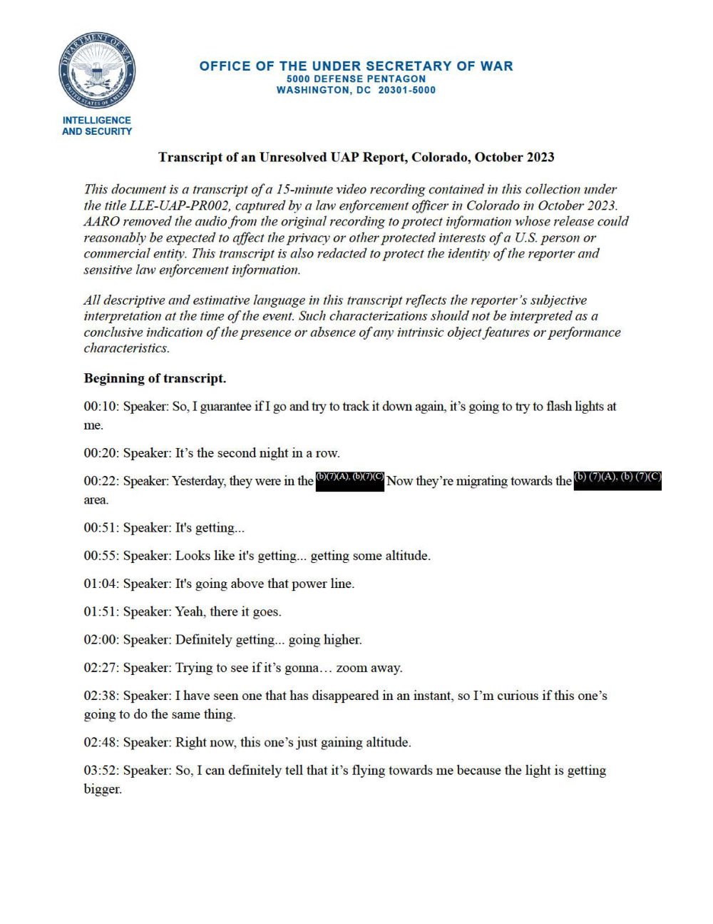 Primeira página da transcrição do vídeo de 15 minutos gravado por um policial no Colorado em outubro de 2023.