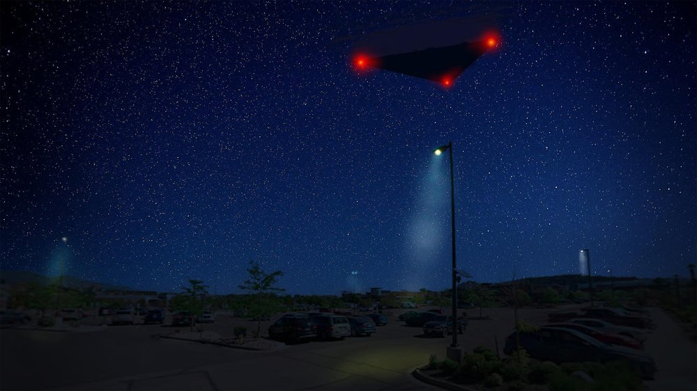Ilustração de estacionamento noturno com carros e postes, e um triângulo escuro com luzes vermelhas nos cantos no alto do céu.