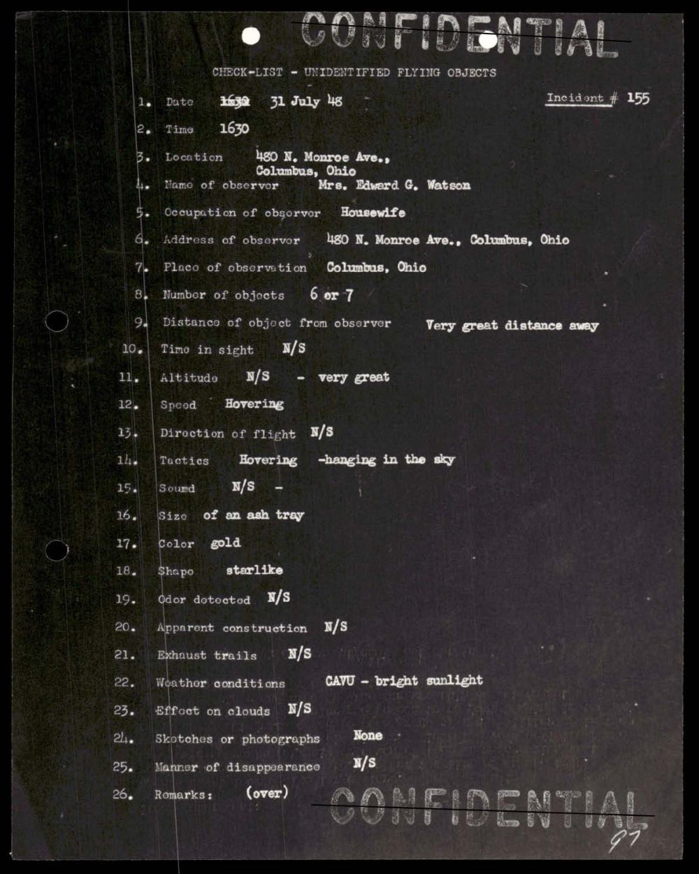 Ficha do incidente 155 sobre formas douradas vistas no céu de Columbus.