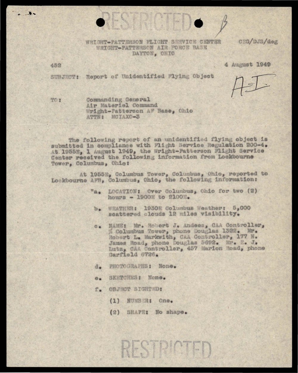 Primeira página do relatório restrito de Wright-Patterson sobre Columbus.